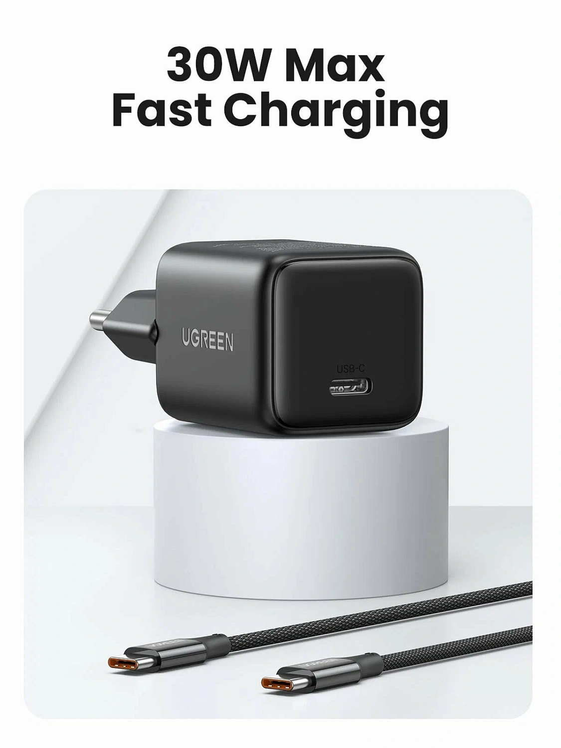 65012 Зарядное устройство UGREEN X513 GaN 30W 1xUSB-C. Кабель USB-C-USB-C 1м 60W. Цвет: черный